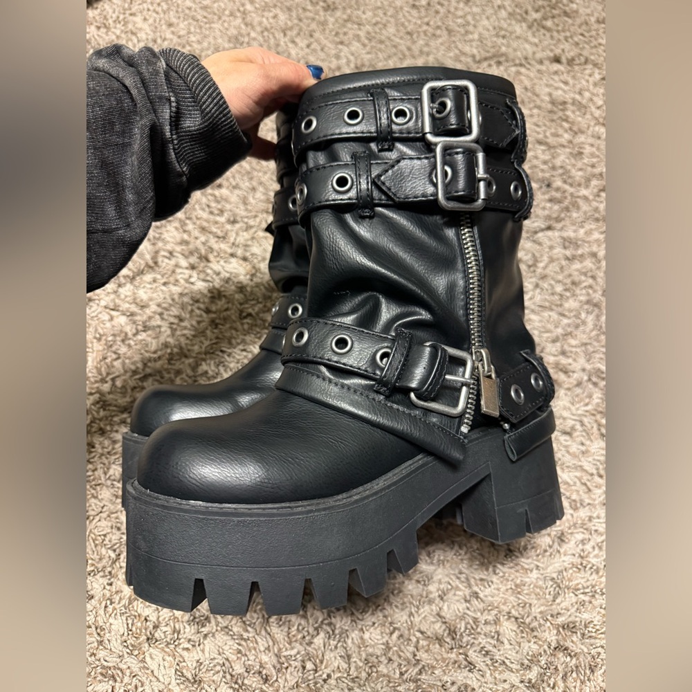 Black Darker Wavs fold over Combat boots w/  grommets straps